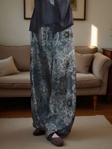 กางเกงขายาวทรงหลวมเอวสูงสไตล์ย้อนยุคสำหรับผู้หญิงไซส์ใหญ่ กางเกงขายาวลายพิมพ์ลายเสือดาวันพีซลำลองสำหรับฤดูใบไม้ร่วง