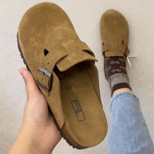 Sanxi Same Style Full Leather Boken Womens Shoes Cowhide Slippers Cork Sole Flats Fishing Closed Toe Half Slippers Birkenstock Shoes