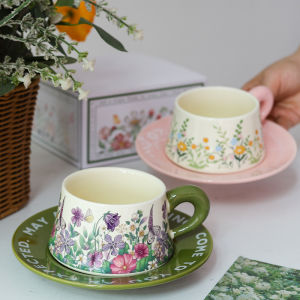 Retro Coffee Cup And Plate Set Afternoon Tea Cup Mark Cup Birthday Gift for Female Friends Wedding Souvenir Handmade Ceramic