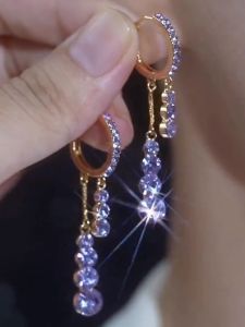 Fashionable Purple Zircon Waterdrop Earrings Elegant Chain Design Womens Versatile Jewelry Studs Geometric Pattern