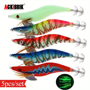 Ackibbik 5pcs/set 10cm/ 12.3g Luminous Squid Jig Hook Shrimp Prawn Lure Artificial Bait Sea Fishing Accessories Octopus Lure