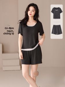 MiiOW | Bộ đồ ngủ lụa băng mùa hè cho nữ có đệm ngực Áo chui đầu cổ tròn quần short mặc ở nhà thoải mái thoáng khí