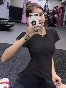 Womens Fitness Yoga Clothes Short Sleeve Drawstring T-Shirt Elastic Slimming Breathable Quick Dry Sweat Absorbent Pilates Top