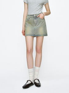 Marllen Vintage Washed เดนิม ทรงเอ Mini กระโปรง ผู้หญิง ฤดูร้อน เดินทาง พรางหุ่น Effect American สไตล์เรโทร ผ้าฝ้าย Blend