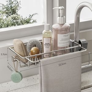 Stainless Steel Kitchen Faucet Rack Sponge Scouring Pad Drain Rack Dishwashing Vegetable Washing Sink Storage Basket Hook