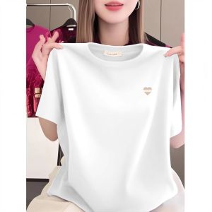 HUAXUNRAN | Áo Thun Nữ Thời Trang Tay Ngắn Cổ Tròn Họa Tiết Trái Tim