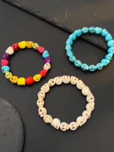 【LS】【LS】Colorful Skull Bead Skeleton Bracelets Delicate Gothic Charm Head Bone Stone Seed Elastic Strand Bracelets Jewelry