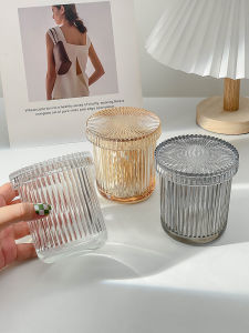 Simple Stripe Glass Cup with Lid Cotton Swab Storage Cup Home Desktop Organizer High Aesthetic Jewelry Storage Jar Luxury