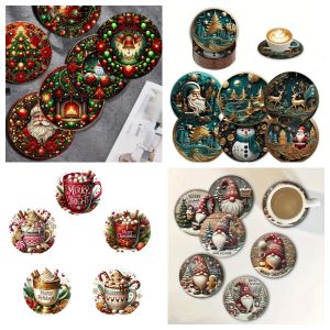 เสื่อพิมพ์ลายซานตาคลอส 6 ชิ้น เหมาะสําหรับการตกแต่งการรวบรวมครอบครัวในชีวิตประจําวัน สํานักงาน ที่รองแก้วไม้กันลื่น และของขวัญวันหยุด