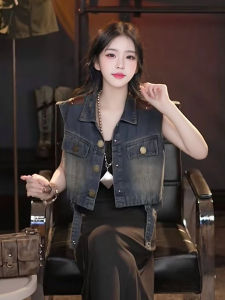 เสื้อกั๊กยีนส์แขนกุดคอปกสำหรับผู้หญิง ฤดูร้อน ไซส์ใหญ่ แฟชั่นย้อนยุค สไตล์ฮ่องกง แขนกุด คอปก แจ็คเก็ตเสื้อผ้าทำงาน