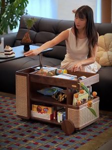 Solid Wood Rattan Lift&Rotation-Top Storage Rectangular Side Table with Wheels Sofa End Table in Bus Shape
