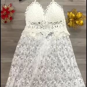 💥[A271] Áo len liền VÁY dệt kim PHỐI REN ĐI BIỂN có mút đệm thời trang QC mùa hè xinh xắn - L2M