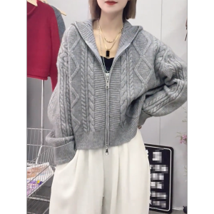 QINGNAER | Simple Plus Size Knit Hoodie Jacket Gray