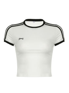 Womens Contrast Embroidered Bow Crop Top Casual Striped Print Short Sleeve Slim Fit White T-Shirt Y2K Streetwear Tees