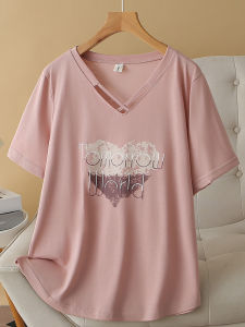 plus Size Short Sleeve T-Shirt Womens V-Neck Letter Print Fashionable Top for plus Size Women Young Fat Mom Summer Cotton Polyester Blend