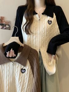 Plus Size Womens Clothing Contrast Color Polo Collar Double Zipper Knitting Tops Fall and Winter Plus Size Ladies Covering Belly Thin Cable-Knit Sweater Outwear