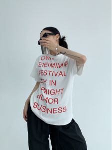 Summer New Style Chic Red Letter Print Cotton T-Shirt Womens Loose Fit Short Sleeve round Neck Casual Top Vintage Feel