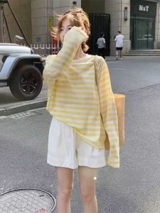 Womens Loose Long Sleeve Knitted T-Shirt Stripe Ice Silk Thin Mesh Winter Top French Lazy Style Clothes Summer Commute Korean Loose Fit
