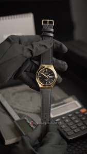 Jam Tangan Pria Casio MTP-E735GL-1A Metal Octagonal Gold Bezel Black Dial Black Leather Band