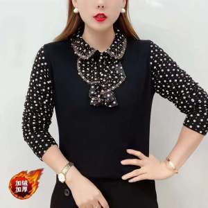 2023 Womens Fleece Lined Floral Collar Long Sleeve Shirt Street Style Winter Fashion plus Size French Style Base Shirt