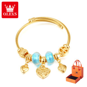 OLEVS สร้อยข้อมือจี้รูปหัวใจอัลลอยสำหรับผู้หญิงอเนกประสงค์สีทองไทเทเนียมสร้อยข้อมือเหล็ก