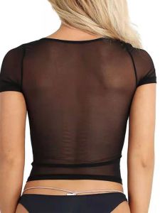 ตาข่ายซีทรูแขนสั้นคอกลมสไตล์สตรีทยอดนิยมสําหรับคอกลมฤดูร้อนความยาวสั้น