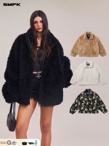 SMFK | Cross Statue Decorative Raw Wool Jacket Zipper Stand Collar Loose