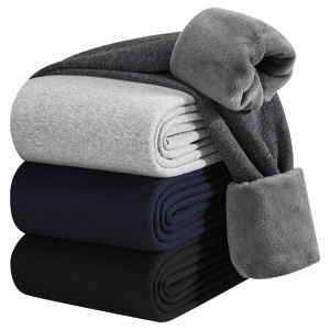 Septwolves Mens Thermal Pants Double Layer Fleece Knitted Base Layer Cotton Trousers Black Warm Bottoms for Autumn Winter