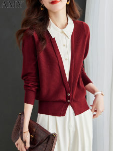 Spring New Style Womens T-shirt Knitted Short Base Shirt Fake Two-Piece Design Wine Red Color Commute OL Style Long Sleeve