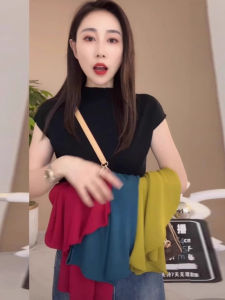 เสื้อยืดแขนสั้นผู้หญิง ผ้าไหมน้ำแข็งถัก คอสูงครึ่งตัว ทรงสลิมฟิต ทรงเข้ารูป ฤดูร้อน 2025 เสื้อชั้นในผู้หญิง