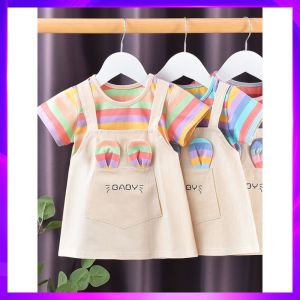 Barababa 2024 New Cotton Summer Dress for Girls Short Sleeve Thin Pure Cotton Childrens Clothing Casual Style Stripe Pattern