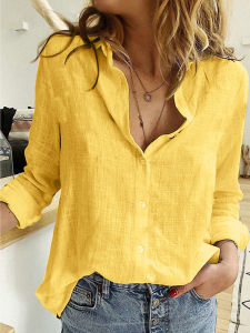 Womens Oversized Sleeve Blouse Autumn Linen Shirt Street Style Long Sleeves for Birthday Party Fashionable V-Neck Design