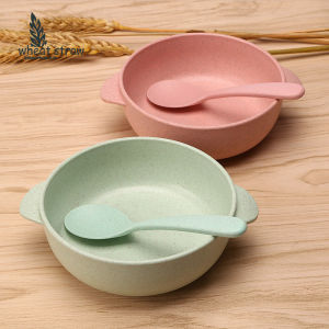 Baby Feeding Bowl Set Wheat Pattern Anti-Fall Childrens Tableware Soup Bowl Spoon Combination for Babys First Solid Foods