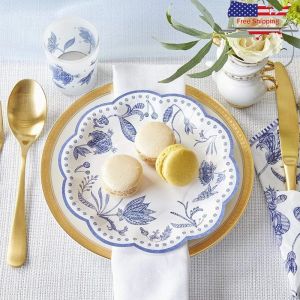 Premium Blue Willow 7 Inch Disposable Paper Plates Set of 16 Heavyweight Decorative Dinner Dessert Plates Weddings Parties