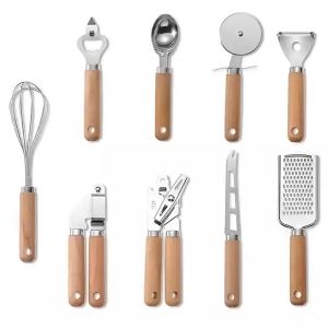 9-pcs Stainless Steel Kitchen Gadget Set with Stainless steel with wooden handle