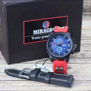 Jam tangan Miragros 6006 tali karet tanggal aktif chrono off free tali kulit analog original pria