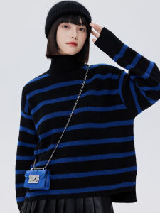 Shuen High Neck Long Sleeve Womens Knitted Sweater Wool Blend Color Block Striped Design Casual Comfortable Spring Autumn