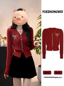 YUEZHONGWEI | Red V-Neck Sweater Cardigan
