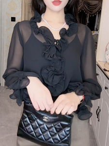 SUOXIMENG | เสื้อผ้าผู้หญิงสีดำลายคริสตัลสไตล์ใหม่ฤดูใบไม้ร่วงปี 2025 แฟชั่นหรูหรา สไตล์วินเทจ แขนยาว เสื้อผ้าทำงาน