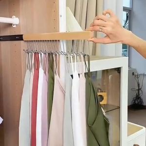 12 Hooks Solid Wood Clothes Hanger Bra Hanger Pull-out Wardrobe Pole with Hook Tie Cap Holder