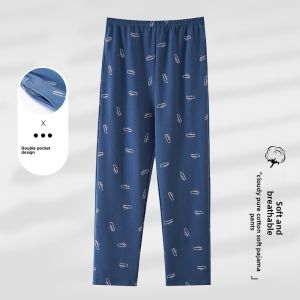 Miiow | Mens Cotton Pajama Pants Loose Fit Lightweight Comfortable Home Wear High Waist Long Trousers Breathable Sleepwear For Autumn