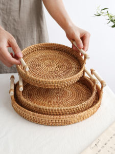 Rattan Woven Fruit Tray Afternoon Tea Dessert Plate Coffee Table Display Tray Steamed Buns Basket Bread Basket round Picnic Basket