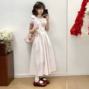 CHANGTONG | ชุดเดรสยาวลายทางสไตล์ฝรั่งเศส กระโปรงทรงเอเอวสูง แขนสั้น คอตั้ง ผ้าฝ้ายผสมโพลีเอสเตอร์ ฤดูร้อน 2025