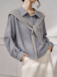 QINGNAER | Leisure Stylish Polo Collar Long Sleeve Shirt with Stripes and Cutouts