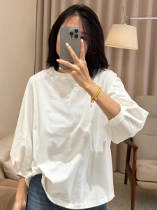 2025 Spring New Style round Neck Pure Color Lantern Sleeve T-Shirt Casual Versatile Loose Fit Simple Fashion Top for Women