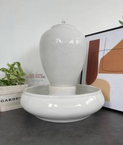 น้ำพุน้ำล้นโอ่งเซรามิค - สีขาว (สินค้านี้มีเครื่องหมายส่ง)