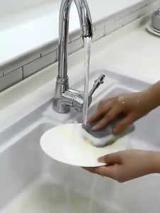 OSQ Double Sided Gray Household Cleaning Scouring Dishwashing Kitchenware Sponge