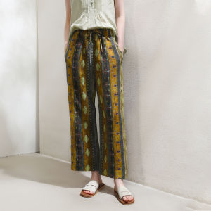 Miccbeirn | กางเกงขายาวทรงหลวมพิมพ์ลายย้อนยุคสไตล์ย้อนยุคแบบสวมหัวเอวยางยืดแฟชั่นทรงตรง กางเกงขายาวทรงหลวมระบายอากาศเย็นสบาย