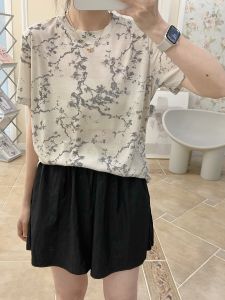 Short Sleeve Casual Bottoming Shirt Womens Summer Age-Reducing Shiny Tie-Dyed Ink Print Thin round Neck Cool T-shirt