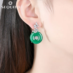 SEQUITO Vintage Green Emerald Wedding Round Drop with Leaf Flower CZ Women Earrings Jewelry Holiday Gift SE256